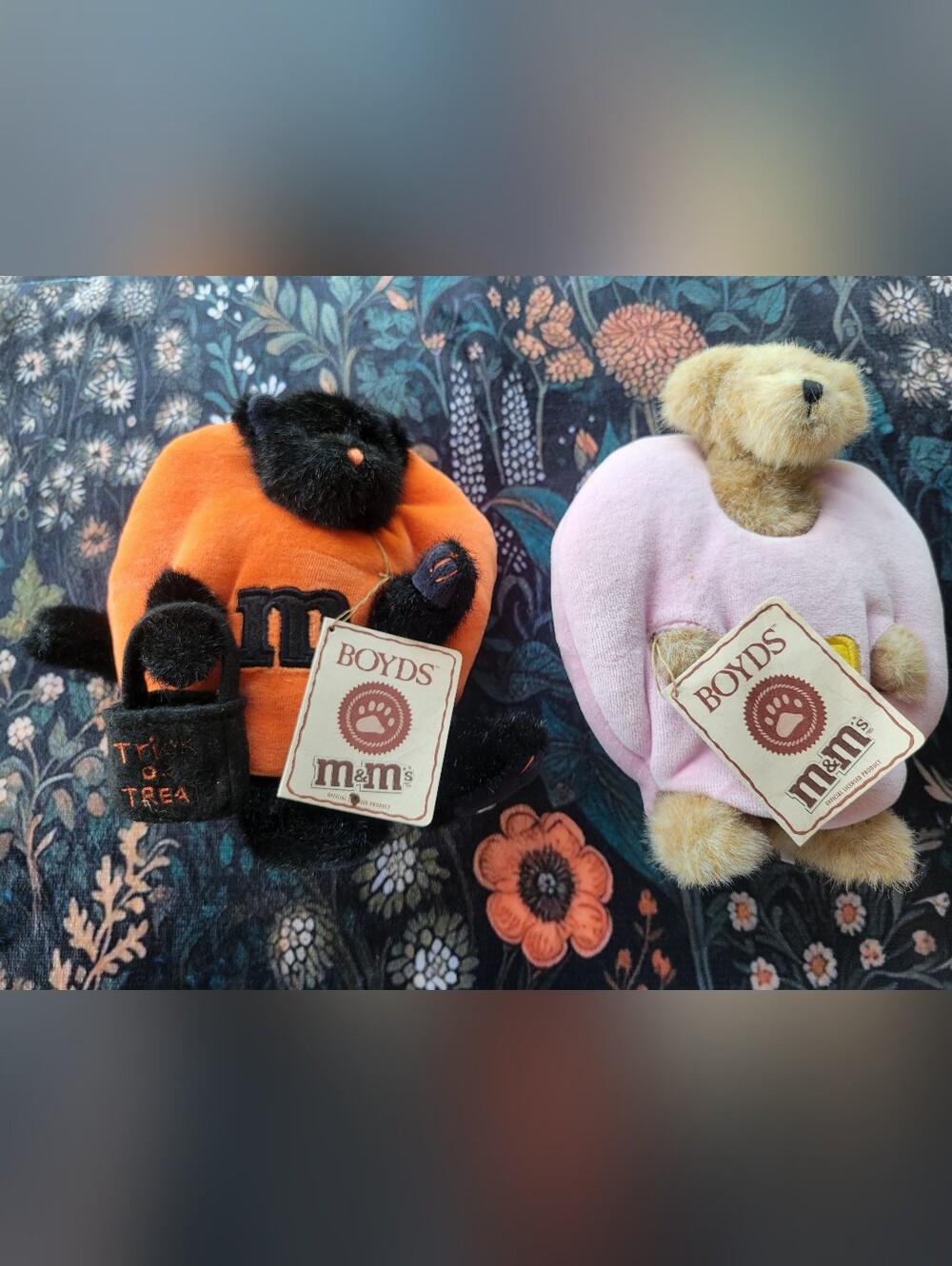 Boyds Bears M&M Lot Of 2 Halloween Black Orange Pink Stuffed Plush Bears